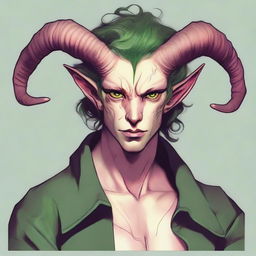 Generate an image of a scroungy Tiefling young male with green eyes