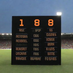 A brightly illuminated soccer substitution board. It shows player number 19 is out and player number 20 is in, under a twilight sky inside a packed soccer stadium.