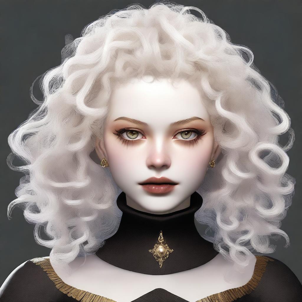 Generate an image of a young woman with white curly hair, brown horns, and golden eyes