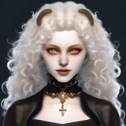 Generate an image of a young woman with white curly hair, brown horns, and golden eyes