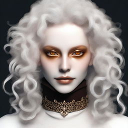 Generate an image of a young woman with white curly hair, brown horns, and golden eyes