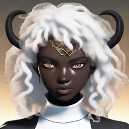 Generate an image of a young woman with white curly hair, dark skin, and golden eyes