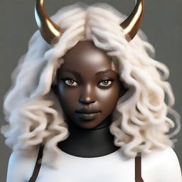 Generate an image of a young woman with white curly hair, dark skin, and golden eyes