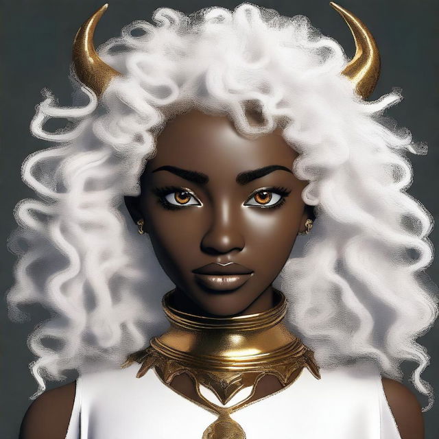 Generate an image of a young woman with white curly hair, dark skin, and golden eyes