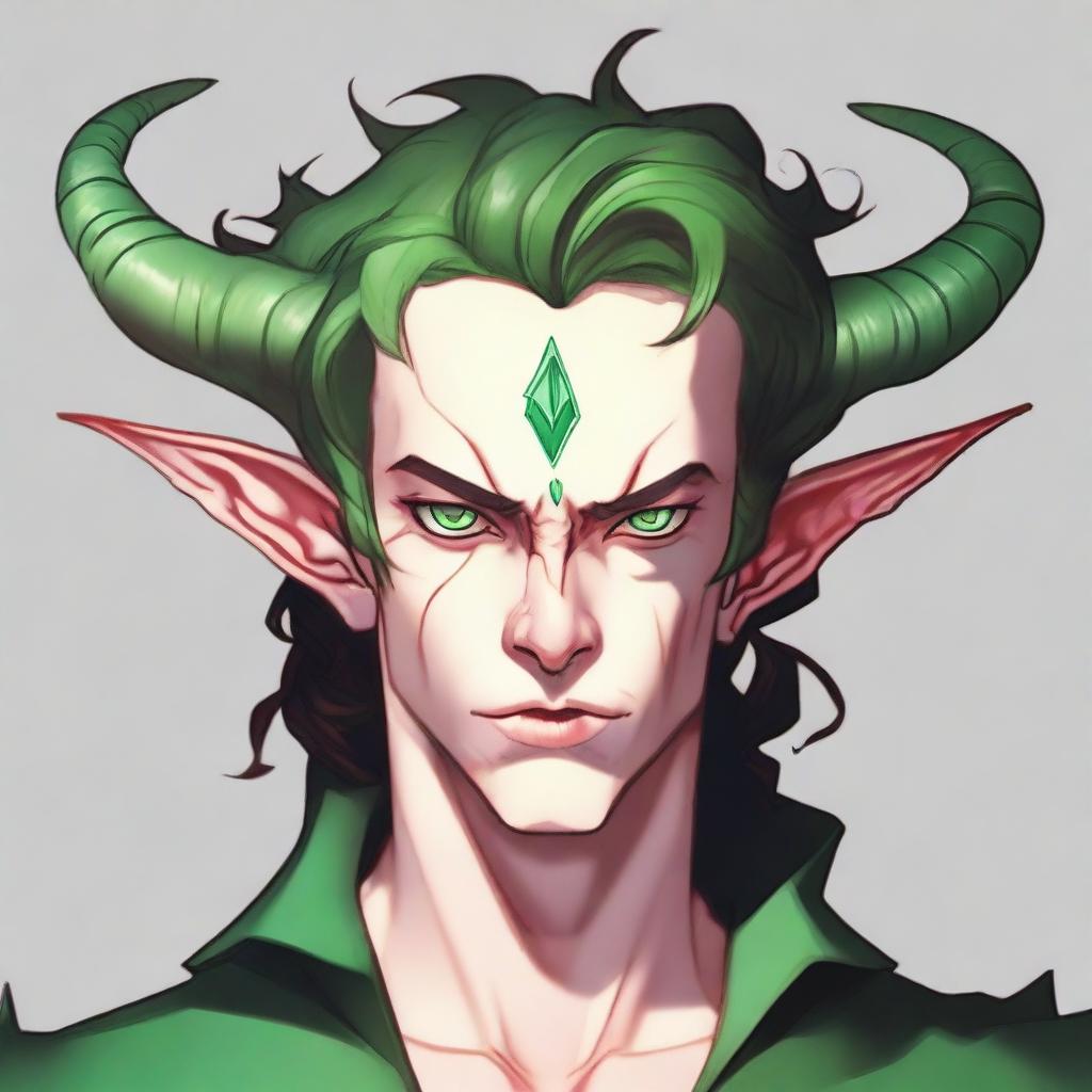 Generate an image of a scroungy Tiefling young male with green eyes