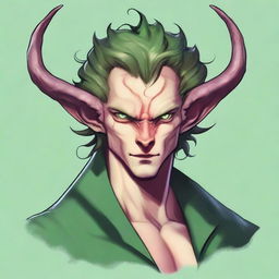 Generate an image of a scroungy Tiefling young male with green eyes