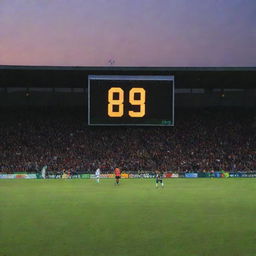 A brightly illuminated soccer substitution board. It shows player number 19 is out and player number 20 is in, under a twilight sky inside a packed soccer stadium.