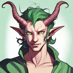 Generate an image of a scroungy Tiefling young male with green eyes