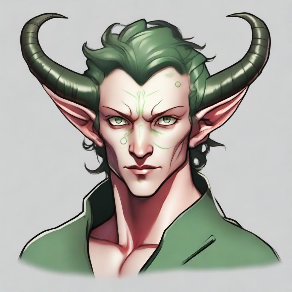 Generate an image of a scroungy Tiefling young male with green eyes