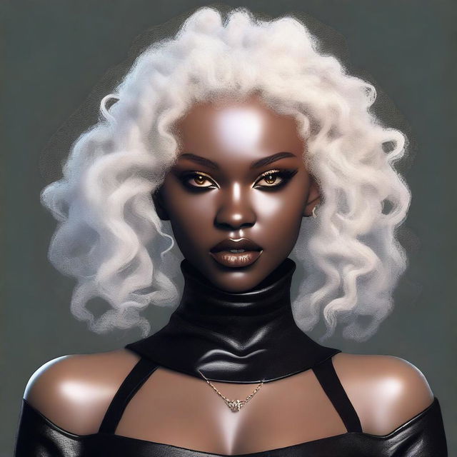 Generate an image of a young woman with white curly hair and dark skin