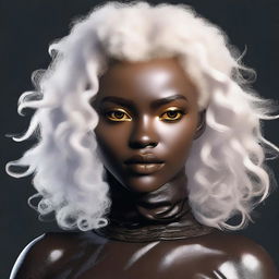 Generate an image of a young woman with white curly hair and dark skin