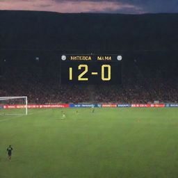 A brightly illuminated soccer substitution board. It shows player number 19 is out and player number 20 is in, under a twilight sky inside a packed soccer stadium.