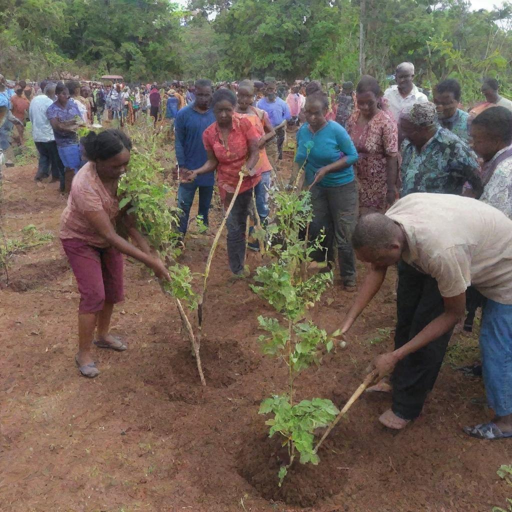 A bustling crowd of community members planting trees