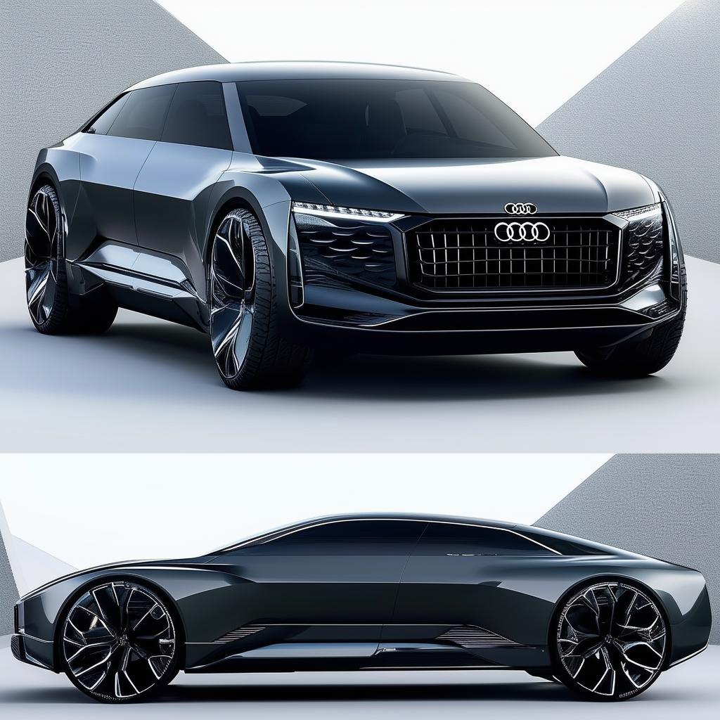 This is a concept of a hypothetical SUV designed by Audi, maintaining the brand's sleek design, speed, and comfort while adding the spaciousness and functionality of an SUV