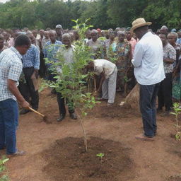 A bustling crowd of community members planting trees