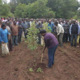 A bustling crowd of community members planting trees