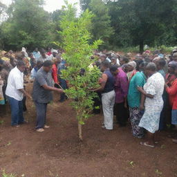 A bustling crowd of community members planting trees