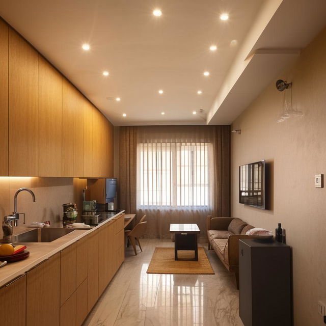 Interior of a well-designed 1BHK apartment, featuring a comfortable living room, a spacious bedroom, a functional kitchen, and a neat bathroom