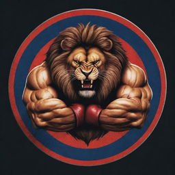 An impressive logo featuring a fierce lion-beast with gigantic muscular arms, demonstrating its commanding power for a Panja (Indian arm wrestling) league, against an engaging and energetic background.