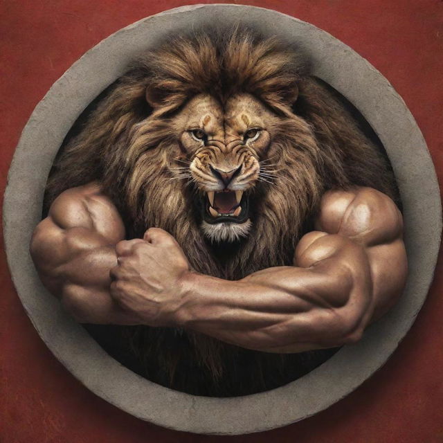 An impressive logo featuring a fierce lion-beast with gigantic muscular arms, demonstrating its commanding power for a Panja (Indian arm wrestling) league, against an engaging and energetic background.