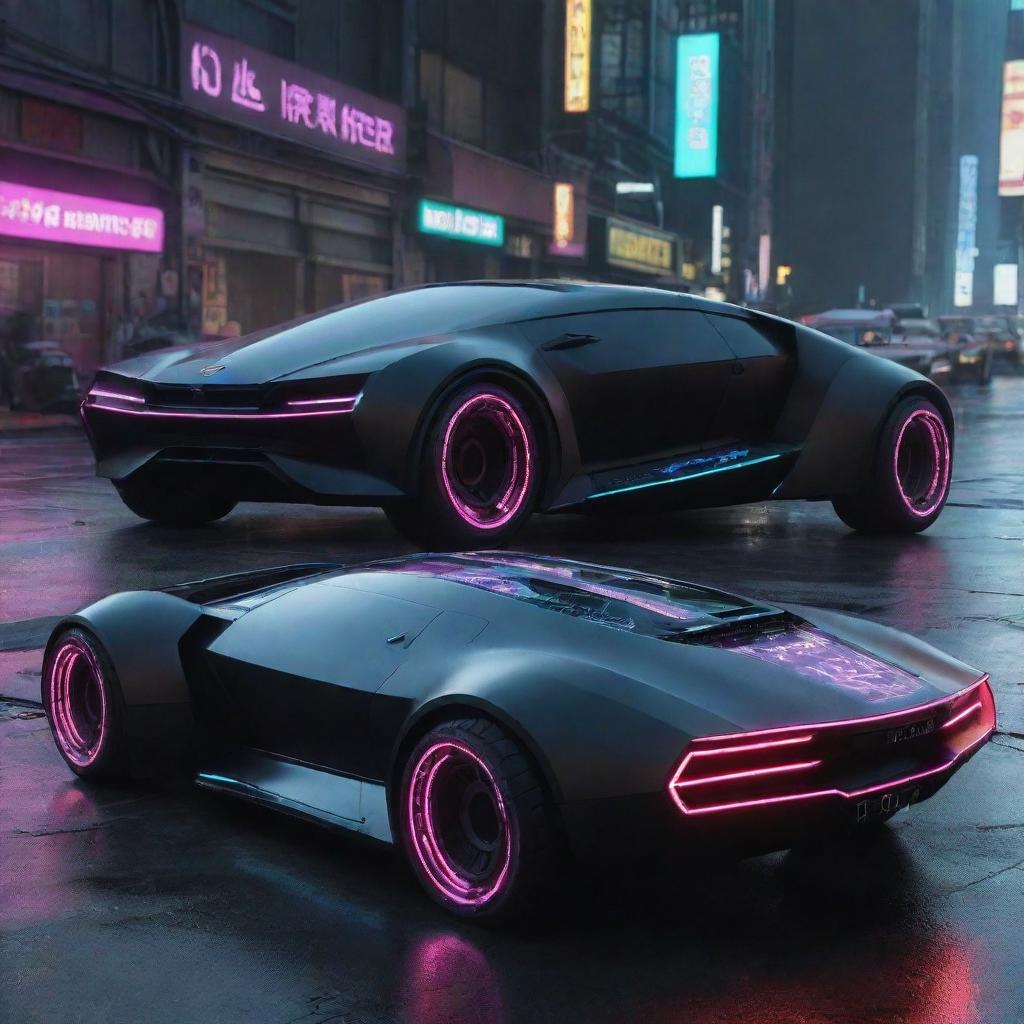 Cyberpunk passenger vehicles, blending advanced technology with gritty reality, featuring sleek futuristic designs adorned with neon lights, digital interfaces, and incorporating a dark, dystopian aesthetic.