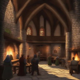 A grand and impressive guild hall, bustling with activity