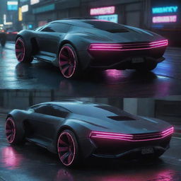 Cyberpunk passenger vehicles, blending advanced technology with gritty reality, featuring sleek futuristic designs adorned with neon lights, digital interfaces, and incorporating a dark, dystopian aesthetic.