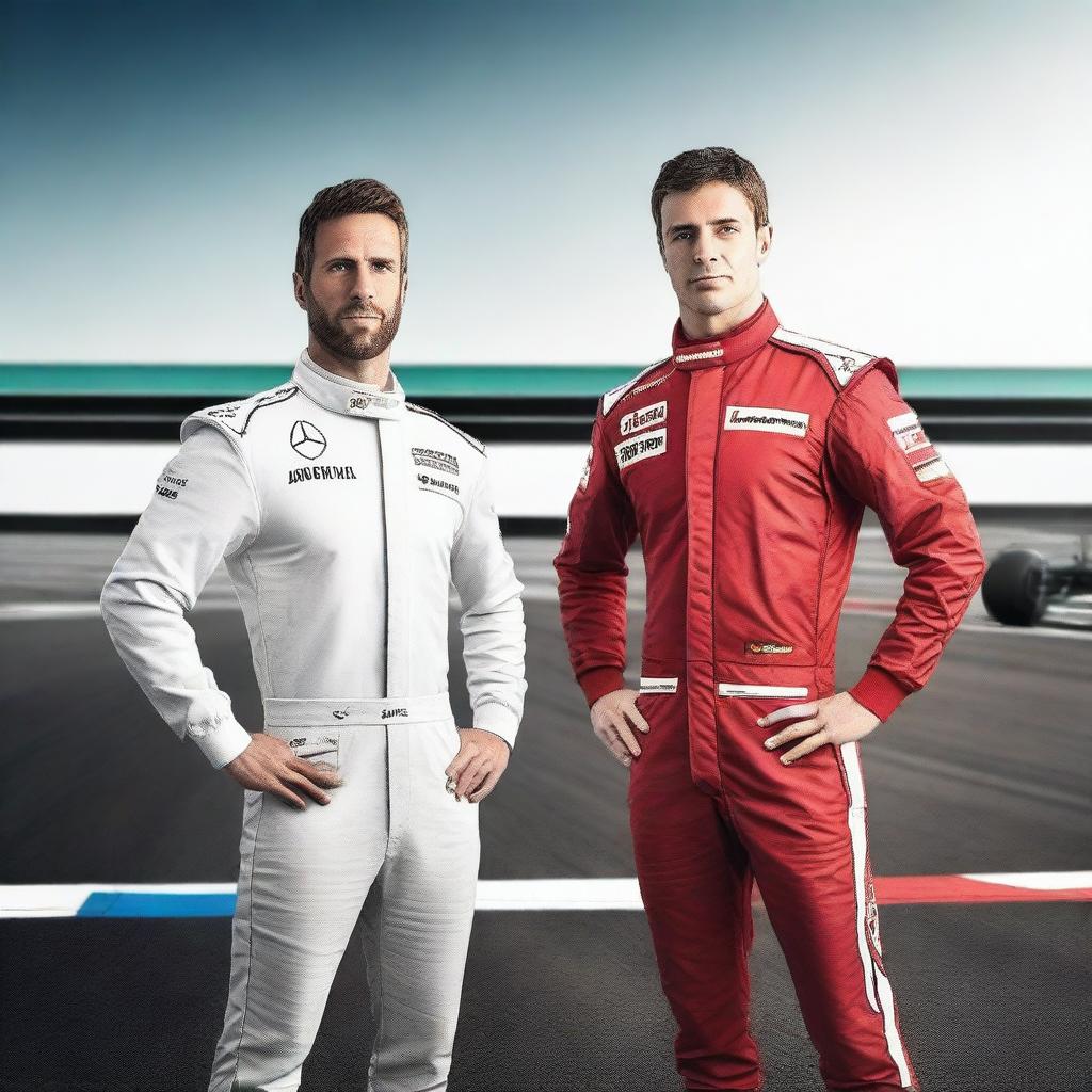 Generate a book cover image featuring an F1 driver and a PR Manager standing in front of a racing track