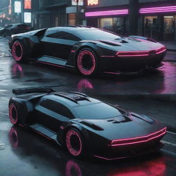 Cyberpunk passenger vehicles, blending advanced technology with gritty reality, featuring sleek futuristic designs adorned with neon lights, digital interfaces, and incorporating a dark, dystopian aesthetic.