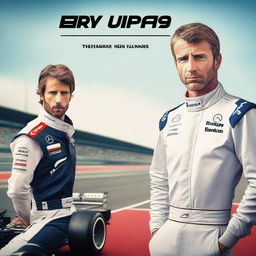 Generate a book cover image featuring an F1 driver and a PR Manager standing in front of a racing track