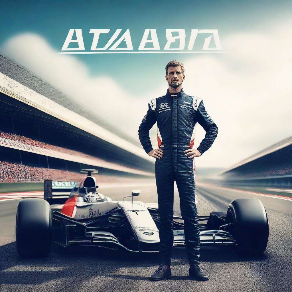 Generate a book cover image featuring an F1 driver and a PR Manager standing in front of a racing track