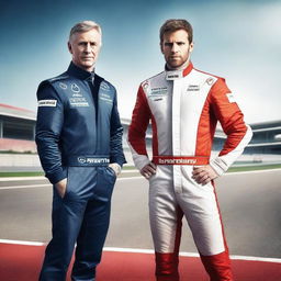 Generate a book cover image featuring an F1 driver and a PR Manager standing in front of a racing track