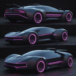 Cyberpunk passenger vehicles, blending advanced technology with gritty reality, featuring sleek futuristic designs adorned with neon lights, digital interfaces, and incorporating a dark, dystopian aesthetic.