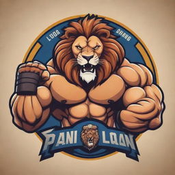 Animated logo featuring a beastly lion with enormous muscular arms, demonstrating its majestic power for a Panja (Indian arm wrestling) league. The logo is lively and engaging, capturing the excitement of the sporting event.