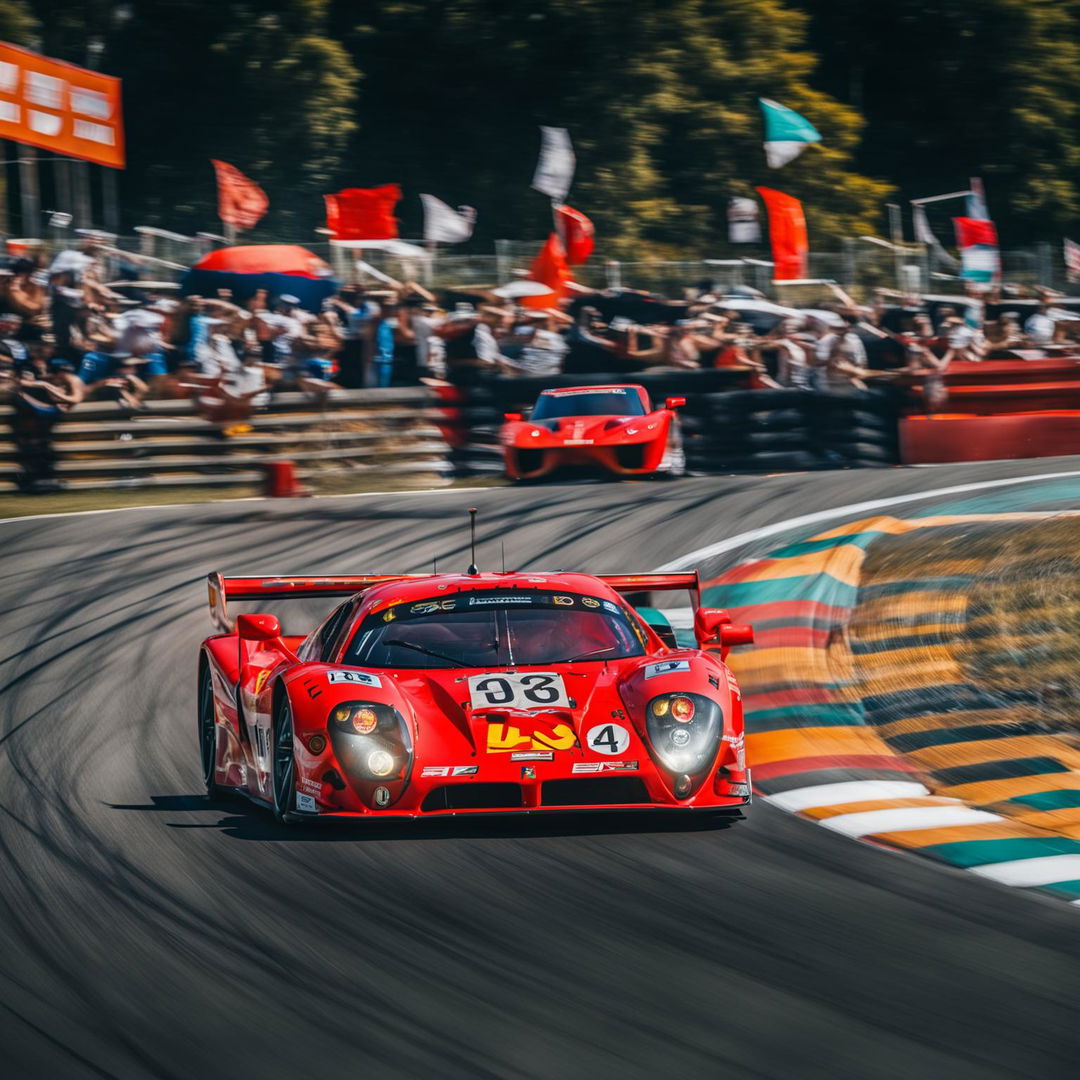 An image of a Ferrari race car at the 24 Hours of Le Mans race, speeding down the track