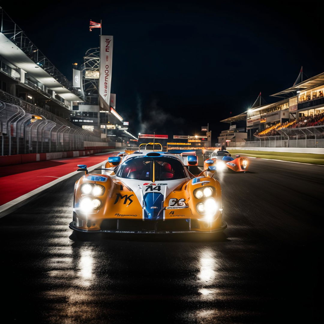 An image of a Pagani race car at the 24 Hours of Le Mans race, speeding on the track