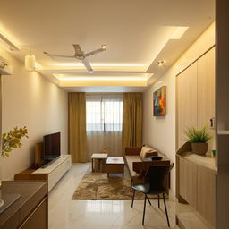 Interior of a well-designed 1BHK apartment, featuring a comfortable living room, a spacious bedroom, a functional kitchen, and a neat bathroom