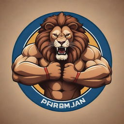 Animated logo featuring a beastly lion with enormous muscular arms, demonstrating its majestic power for a Panja (Indian arm wrestling) league. The logo is lively and engaging, capturing the excitement of the sporting event.