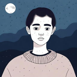 Generate an image of a person wearing a sweater, looking sad and walking in the night