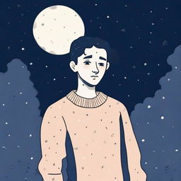 Generate an image of a person wearing a sweater, looking sad and walking in the night