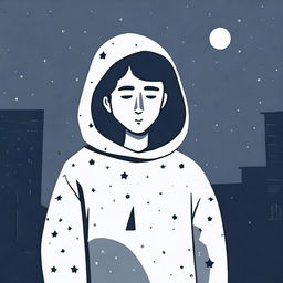 Generate an image of a person wearing a sweater, looking sad and walking in the night