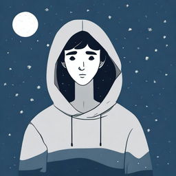 Generate an image of a person wearing a sweater, looking sad and walking in the night