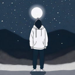 Generate an image of a person wearing a sweater, looking sad and walking in the night