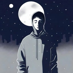 Generate an image of a person wearing a sweater, looking sad and walking in the night