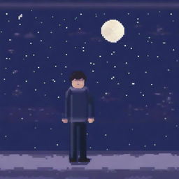 Generate a pixel art image of a person wearing a sweater, looking sad and walking in the night