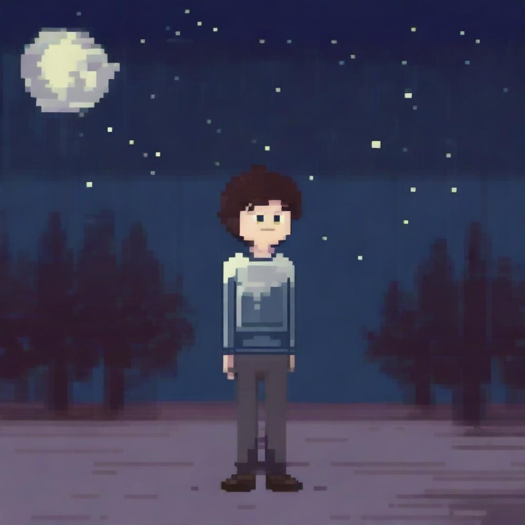 Generate a pixel art image of a person wearing a sweater, looking sad and walking in the night