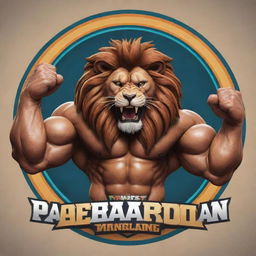 Animated logo featuring a beastly lion with enormous muscular arms, demonstrating its majestic power for a Panja (Indian arm wrestling) league. The logo is lively and engaging, capturing the excitement of the sporting event.