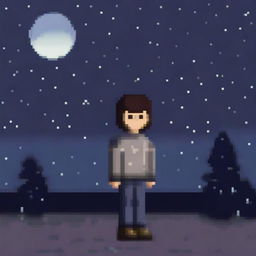 Generate a pixel art image of a person wearing a sweater, looking sad and walking in the night