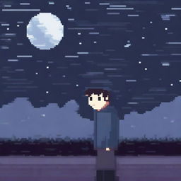 Generate a pixel art image of a person wearing a sweater, looking sad and walking in the night