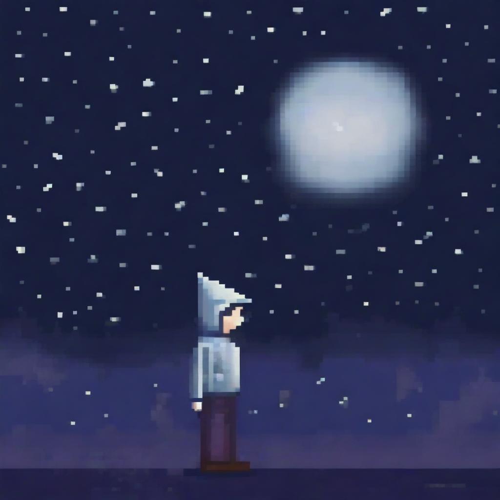 Generate a larger pixel art image of a person wearing a sweater, looking sad and walking in the night